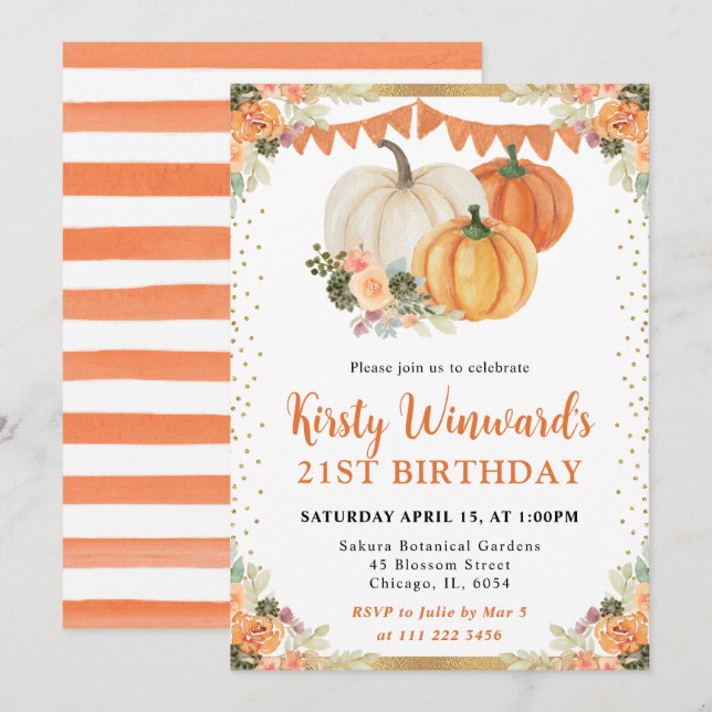 Invitación Calabazas Florales Naranjas Cumpleaños 21 Otoño (Anverso / Reverso)