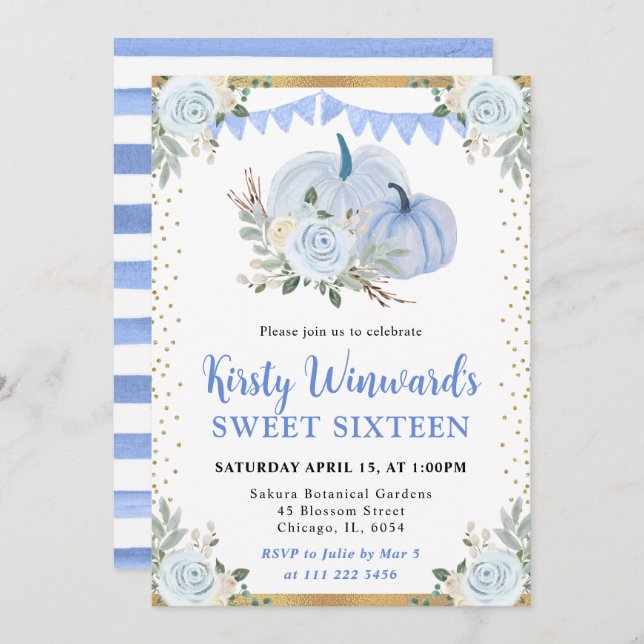 Invitación Calabazas florales Pastel Blue y Gold se hacen dul (Anverso / Reverso)
