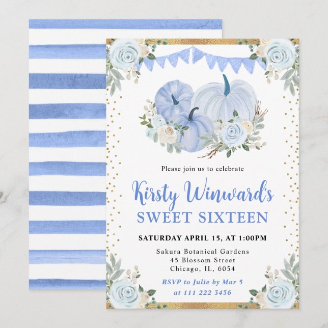 Invitación Calabazas florales Pastel Blue y Gold se hacen dul (Anverso / Reverso)