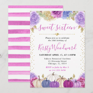 Invitación Calabazas florales púrpura y azul Otoño Dulce 16