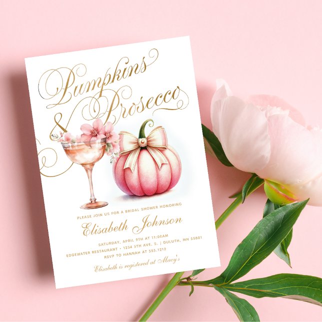 Invitación Calabazas florales rosas y ducha de novia Prosecco (Pink Floral Pumpkins and Prosecco Bridal Shower Invitation)