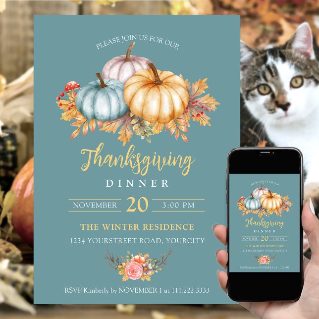 Invitación Calabazas florales rusas de Acción de Gracias azul (Rustic colorful blue Thanksgiving dinner invitation pumpkins)