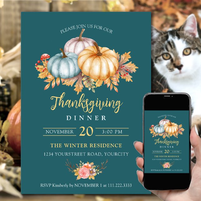 Invitación Calabazas florales rusas de Acción de Gracias verd (Thanksgiving dinner invitations fall colors pumpkins leaves rustic teal yellow color)