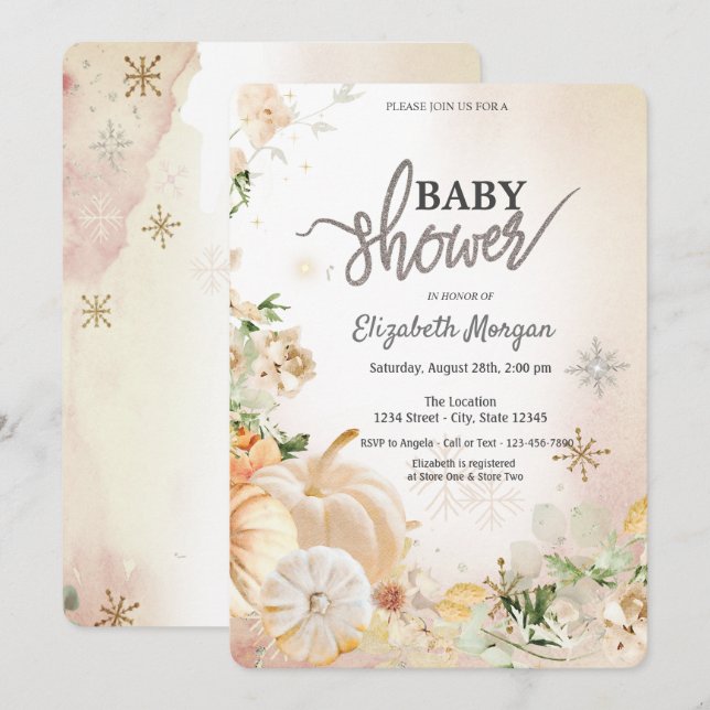 Invitación Calabazas Flores Boho Copos de Nieve Shower de Beb (Anverso / Reverso)