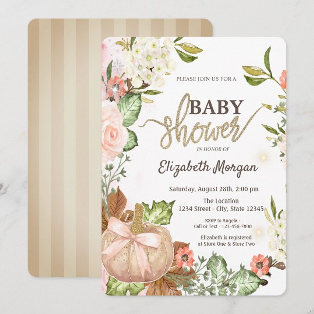 Invitación Calabazas Flores Hojas Rayas Fiesta de Bebé (Anverso / Reverso)