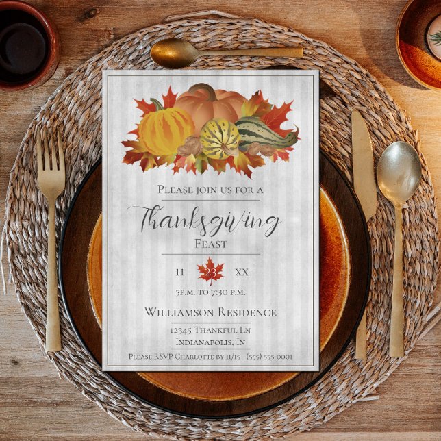 Invitación Calabazas grises de Acción de Gracias y cena de sq (Thanksgiving Pumpkins and Squash Dinner Party Invite - Gray)