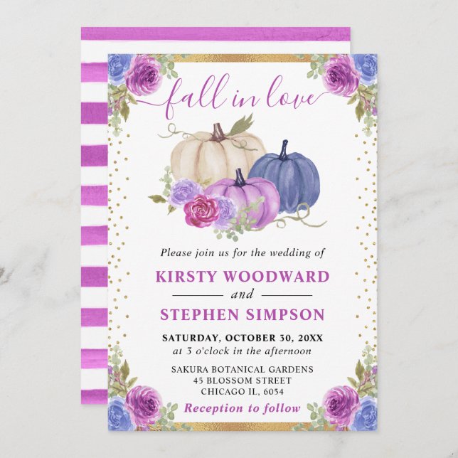 Invitación Calabazas moradas y azules florales caen la boda (Anverso / Reverso)