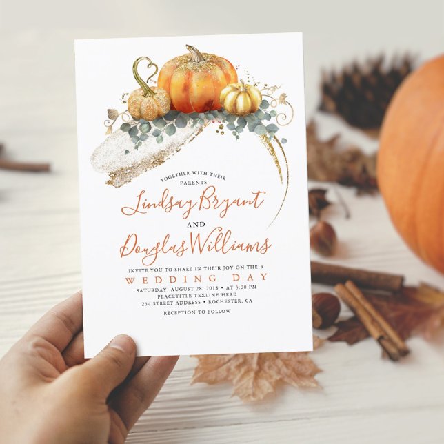 Invitación Calabazas Naranja Purpurina de oro Elegante Boda o (Subido por el creador)