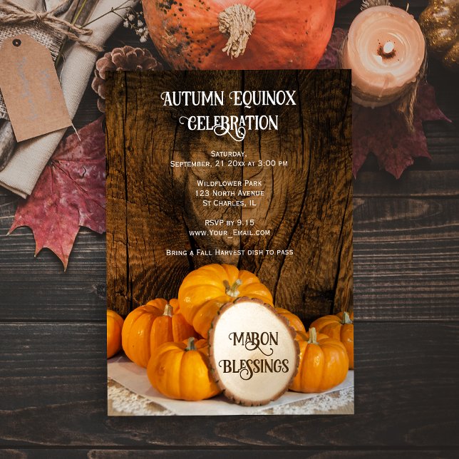 Invitación Calabazas Naranjas Rústicas Celebración del Equino (Invite friends to celebrate the Fall  season with this natural Autumn Equinox Celebration Invitation)