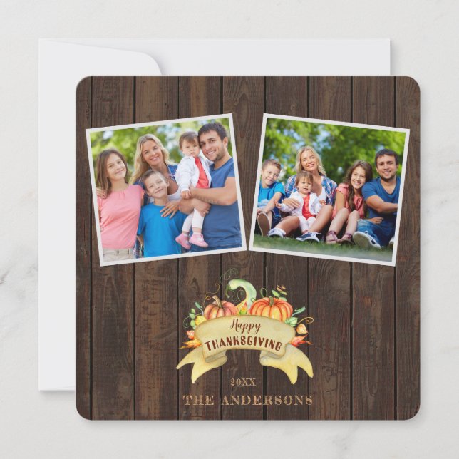 Invitación Calabazas otoñales Fotografía de madera Feliz Día  (Anverso)