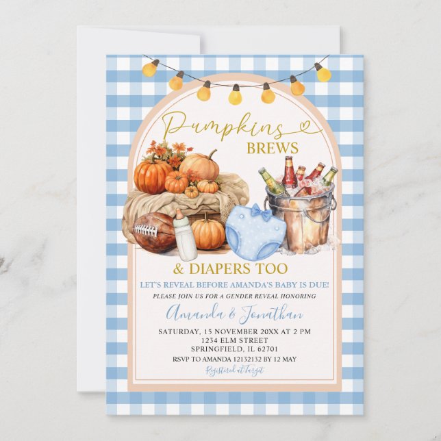 Invitación Calabazas otoñales Rascan Diapers Gingham Género R (Anverso)