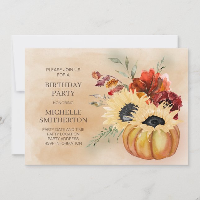 Invitación Calabazas Otoño Floral Flores Cumpleaños Fiesta (Anverso)