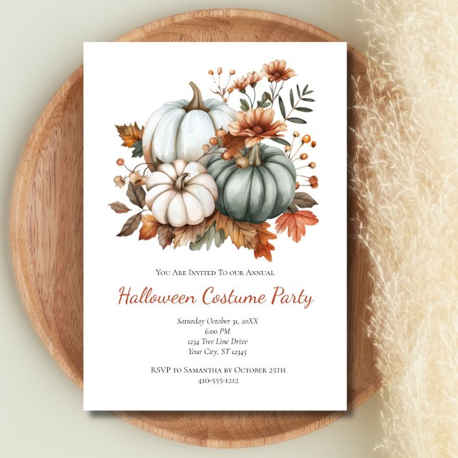 Invitación Calabazas Otoño Flores De Otoño Fiesta De Hallowee (Pastel Green White Pumpkins Fall Autumn Leaves Flowers Halloween Party invitation. Printed Digital)