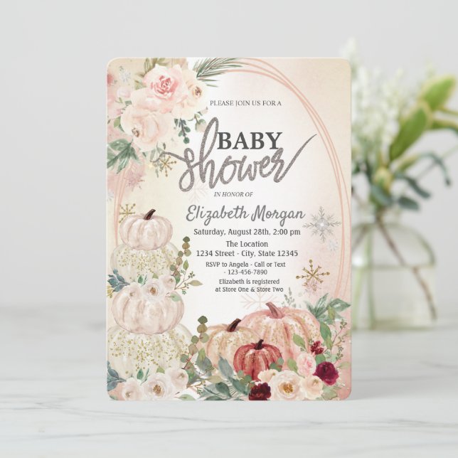 Invitación Calabazas pequeñas, Rosas, Baby Shower con copas d (Anverso de pie)