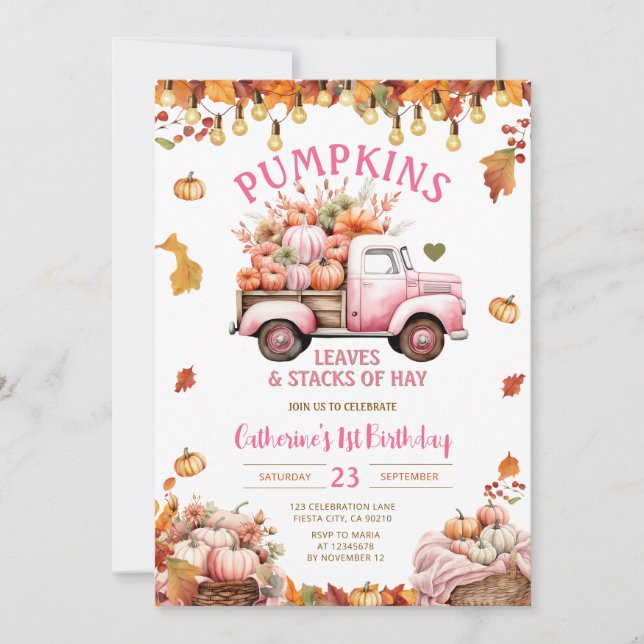 Invitación Calabazas rosadas dejan y pilas de heno cumpleaños (Anverso)