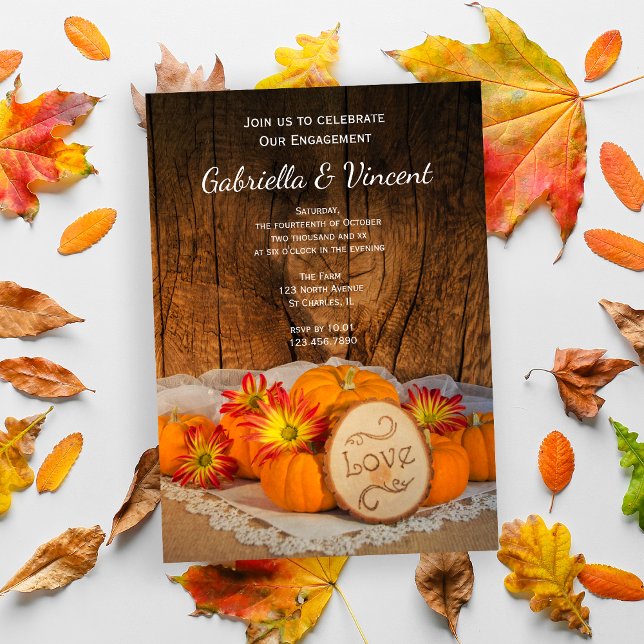 Invitación Calabazas rusas caen compromiso Fiesta de granero (Celebrate your Autumn Engagement with the charming Rustic Pumpkins Fall Party Invitation.)