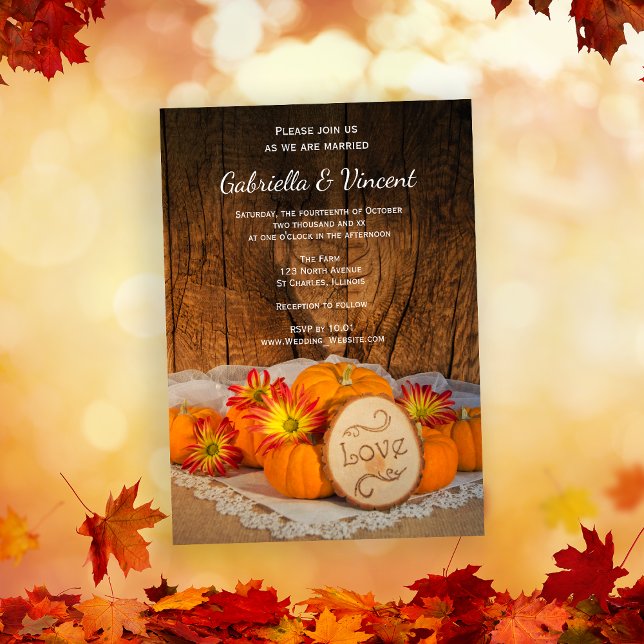 Invitación Calabazas rusas caen en el Boda de la barrera (Invite guests to your Autumn marriage with the charming Rustic Pumpkins Fall Wedding Invitation.)