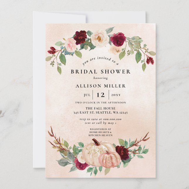 Invitación Calabazas rusas de borgoña caen en ducha de novia (Anverso)