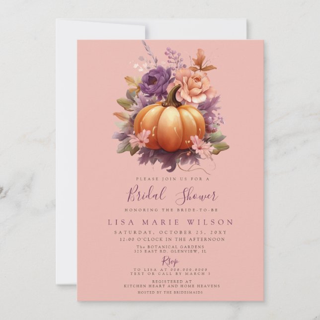 Invitación Calabazas rusas púrpuras caen en la ducha de novia (Anverso)