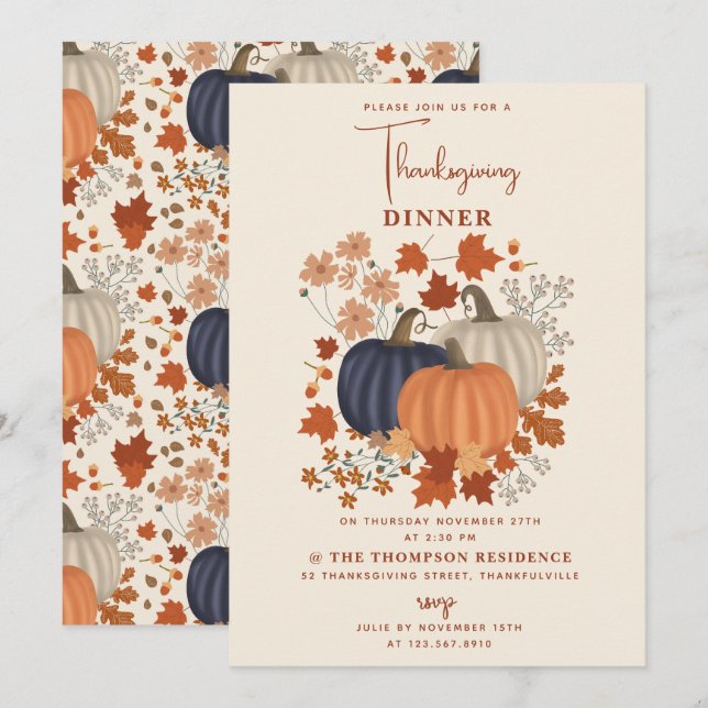 Invitación Calabazas rusticas Flores salvajes Cena de Acción  (Anverso / Reverso)