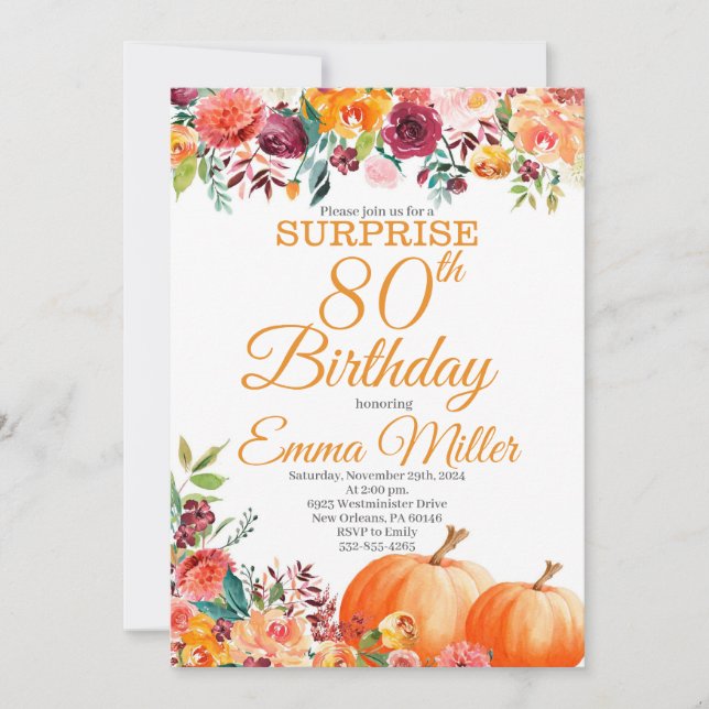Invitación Calabazas sorpresas otoño 80 cumpleaños (Anverso)