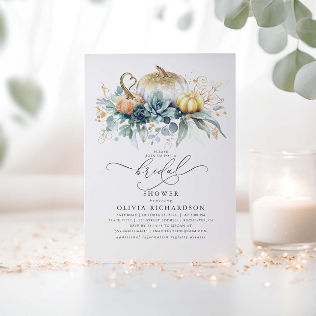 Invitación Calabazas suculentas vegetación caída ducha de nov (Fall Bridal Shower Invitations with Succulents Greenery and Gold Pumpkins)