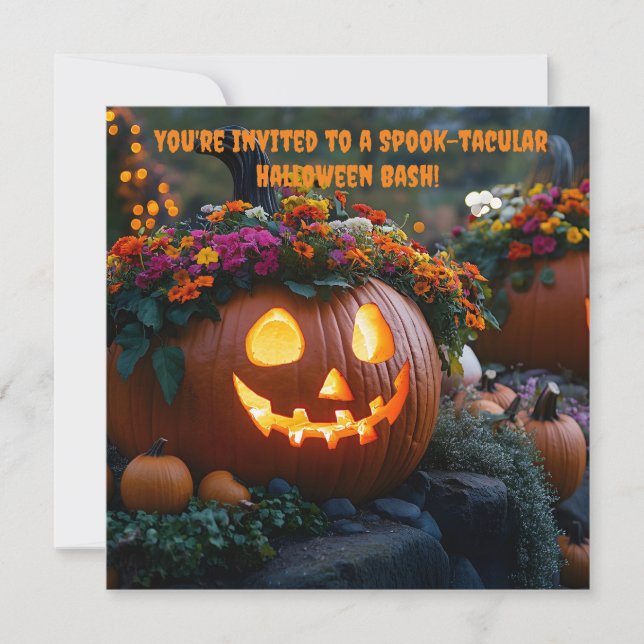 Invitación Calabazas talladas de Halloween decoradas con flor (Anverso)