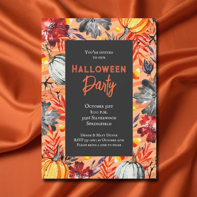 Invitación Calabazas y fiesta de Halloween floral (Pumpkins and Floral Fall Halloween Party Invitations)