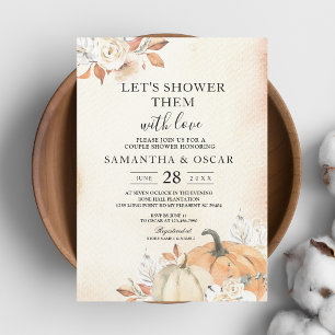 Invitación Calabazas y flores rusticas de Naranja otoñal