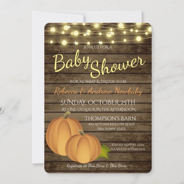 Invitación Calabazas y luces Rustic Otumt Baby Shower (Anverso)