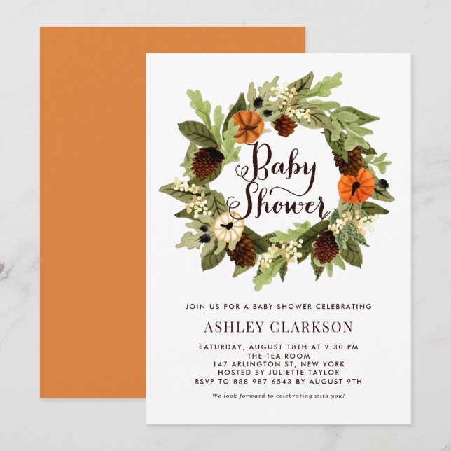 Invitación Calabazas y pinecones Wreath Fall Baby Shower (Anverso / Reverso)