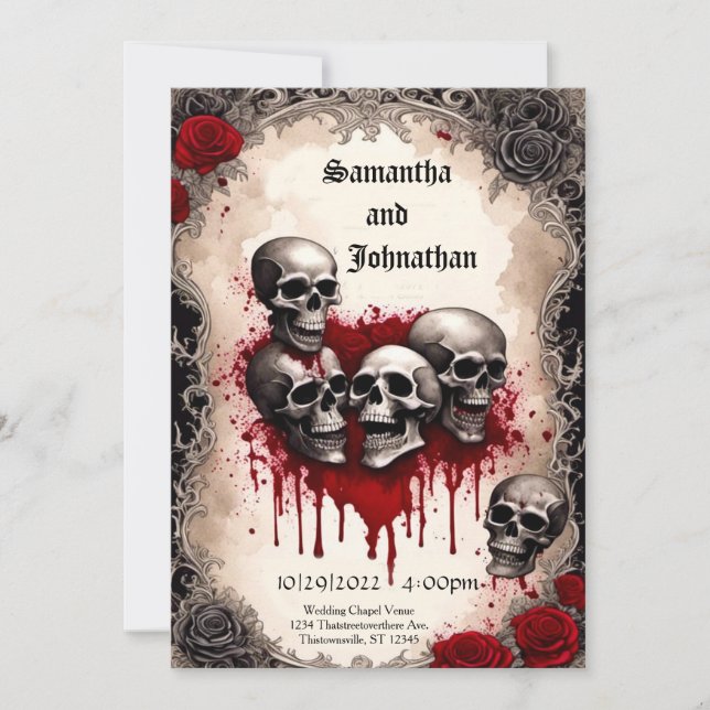 Invitación Calavera acuarela y Boda de Gótico cardíaco sangra (Anverso)