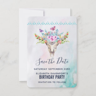 Invitación Calavera animal Boho con mariposas y flores