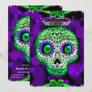 Invitación Calavera brillante verde y morada para fiesta de H