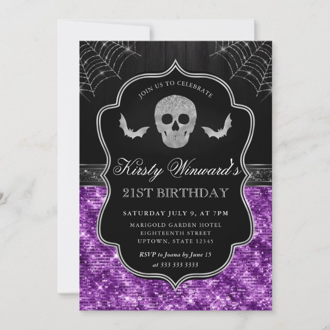Invitación Calavera con Brillo Morado y Telaraña Cumpleaños 2 (Anverso)