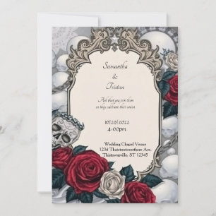 Invitación Calavera coronada y Rosas enmarcan a Boda gótico
