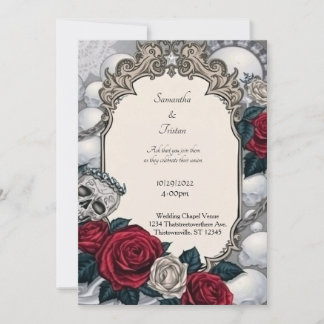 Invitación Calavera coronada y Rosas enmarcan a Boda gótico