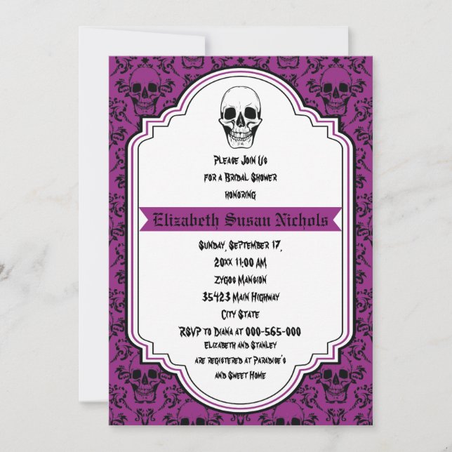 Invitación Calavera damasco morado, boda negro ducha de novia (Anverso)