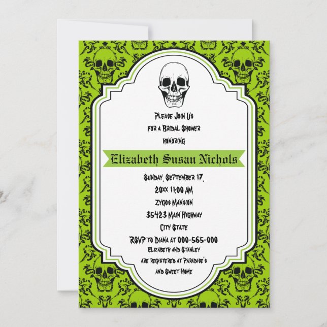 Invitación Calavera damasco verde, boda negro ducha de novia (Anverso)