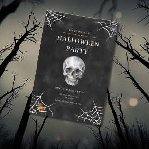 Invitación Calavera de acuarela y telaraña de Halloween