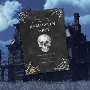 Invitación Calavera de acuarela y telaraña de Halloween