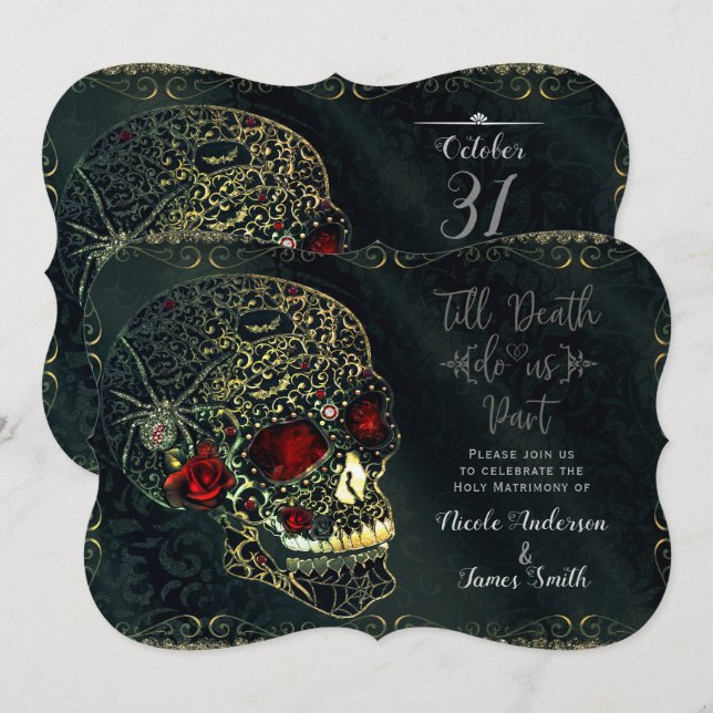 Invitación Calavera de Araña y Rosas con Joyas para Boda Glam (Anverso / Reverso)