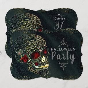 Invitación Calavera de Araña y Rosas con Joyas para Fiesta Gl