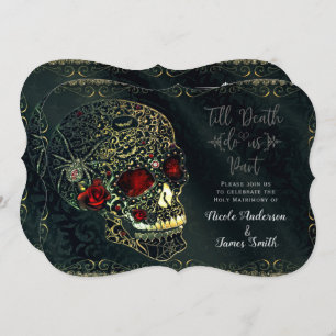 Invitación Calavera de araña y Rosas Glam Boda gótico
