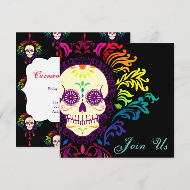 Invitación Calavera de azúcar arcoiris muerta (Anverso / Reverso)