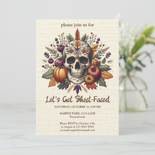 Invitación Calavera de azúcar bordada con flores de otoño en  (Anverso de pie)