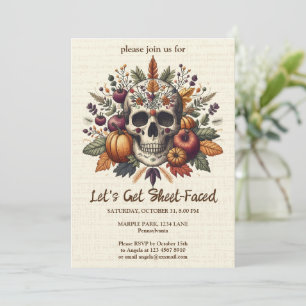 Invitación Calavera de azúcar bordada con flores de otoño en
