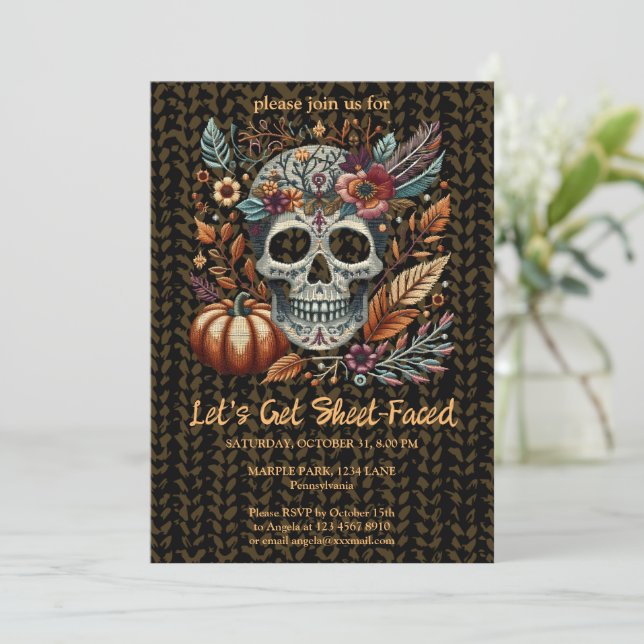 Invitación Calavera de azúcar bordada flores de otoño pastel  (Anverso de pie)