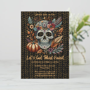 Invitación Calavera de azúcar bordada flores de otoño pastel