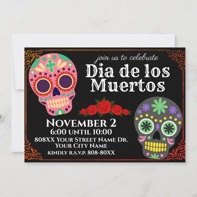 Invitación Calavera de azúcar en el Día Negro del Fiesta Muer (Anverso)